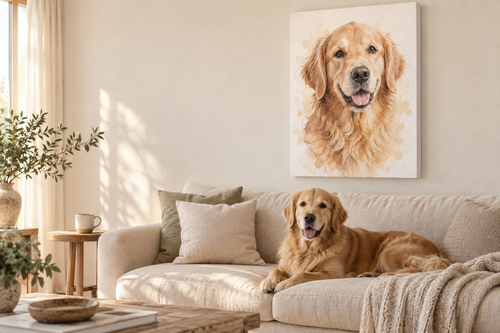 Portret van een golden retriever op canvas boven de bank, met de hond ervoor