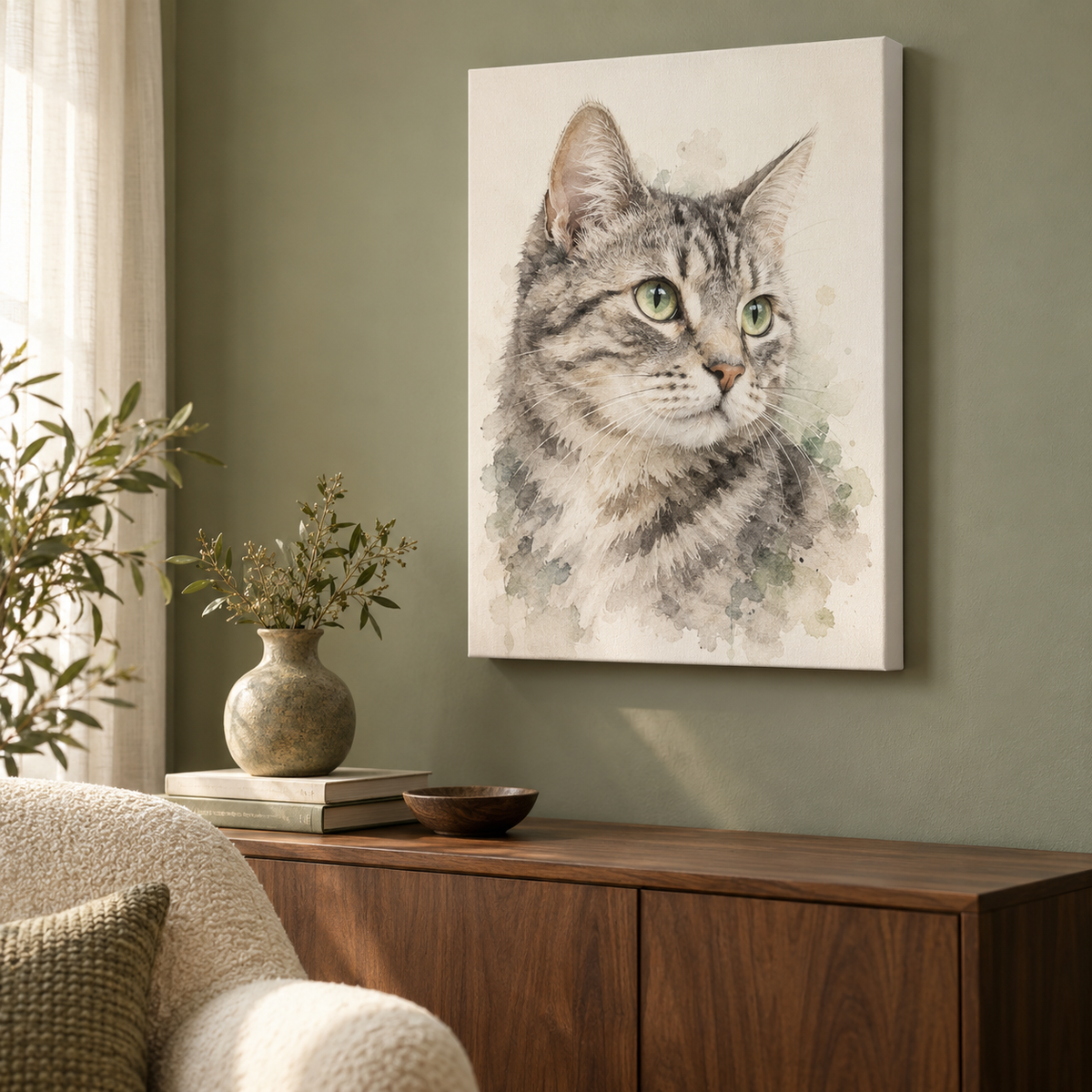 Portret van een cyperse kat op canvas aan een groene muur