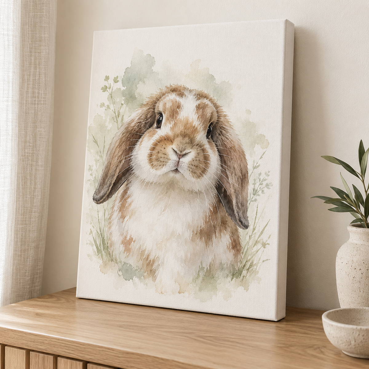 Portret van een hangoorkonijn op canvas op een houten dressoir