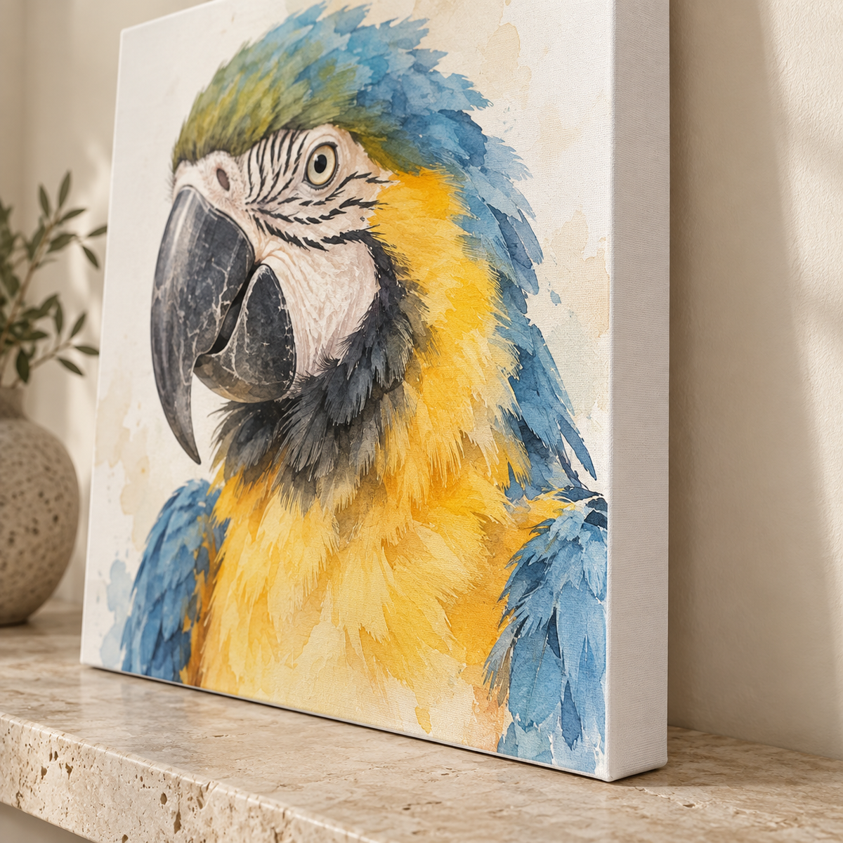 Portret van een blauw-gele ara op canvas