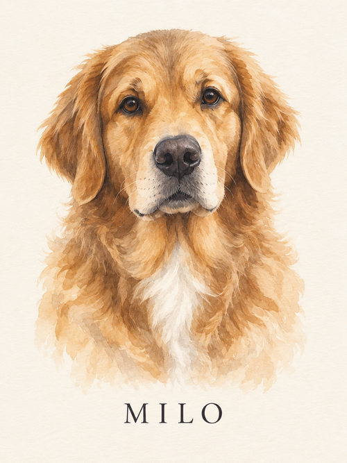 Aquarelportret van golden retriever Milo